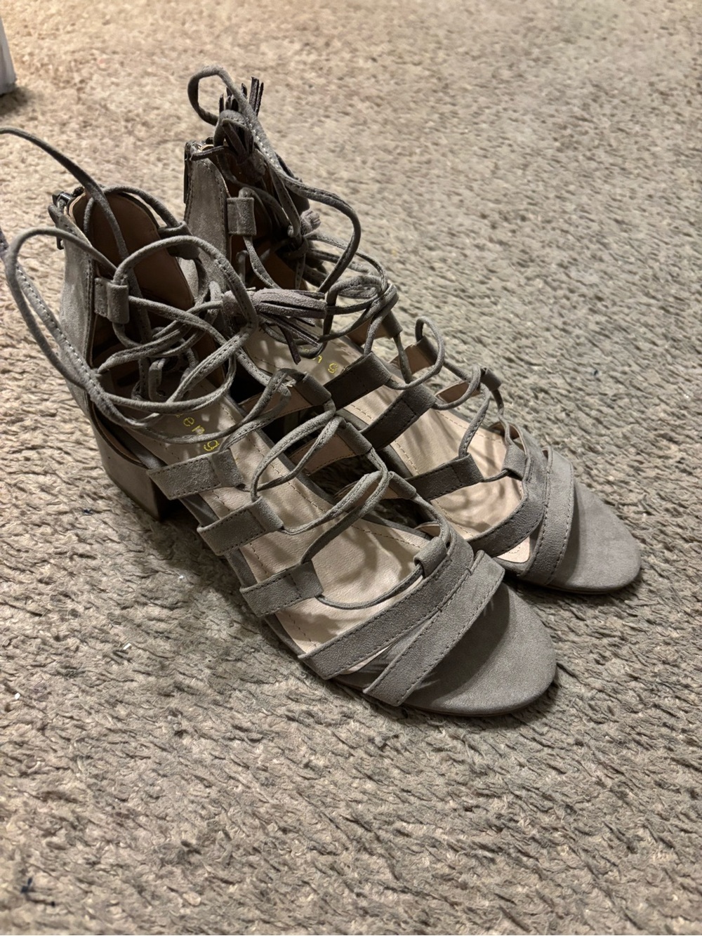 Madden Girl Taupe Suede Lace-Up Block Heel Sandals - Picture 4 of 8